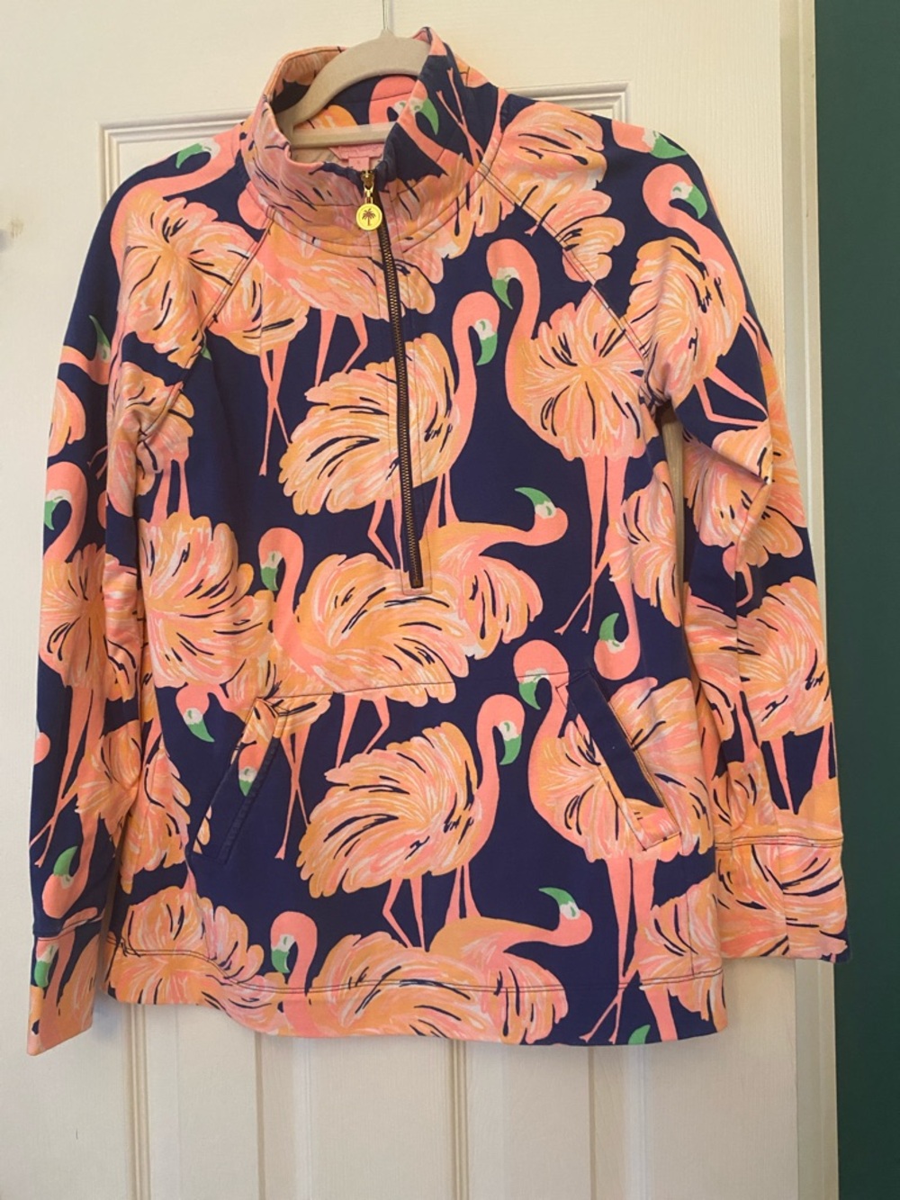 Lilly Pulitzer Navy Quarter-Zip Popover with Pink Flamingo Print